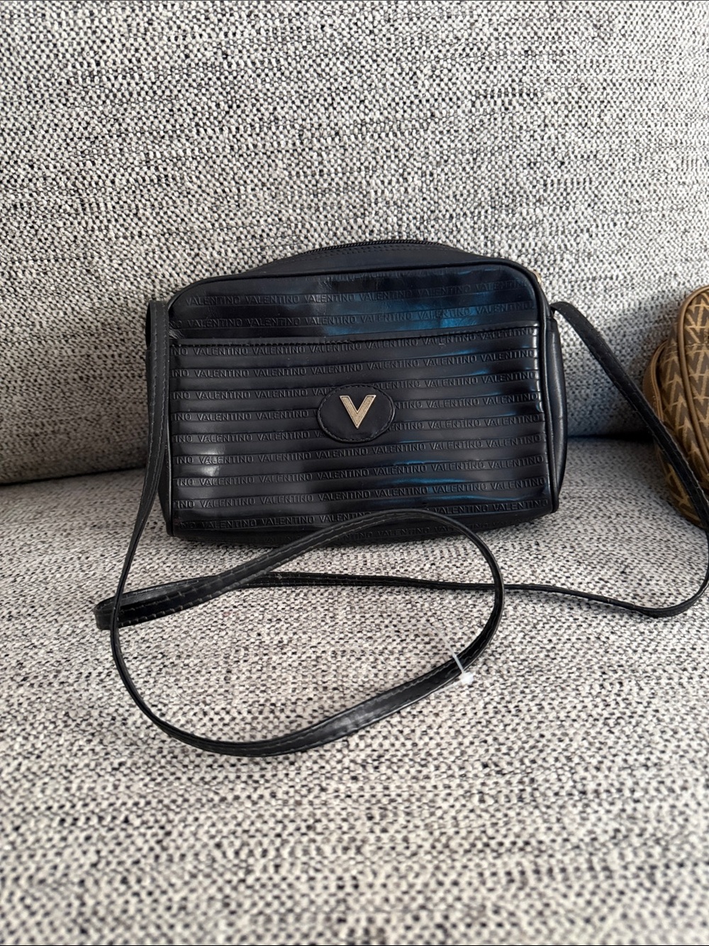 Vintage Mario Valentino Black Quilted Logo Crossbody Bag with Gold V